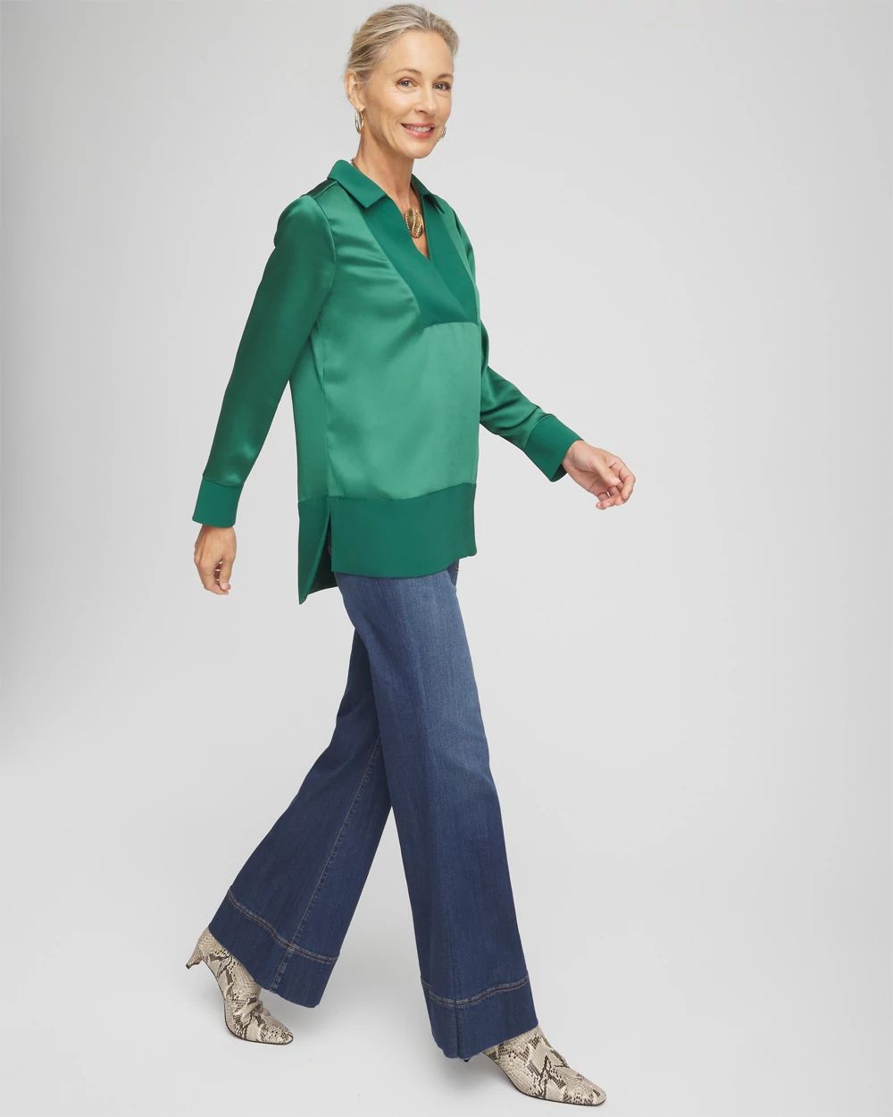 【P】MEDI SATIN DOCKING TUNIC TEE Casual Favorite Short Sleeve Side Slit Tunic Top - BACK IN